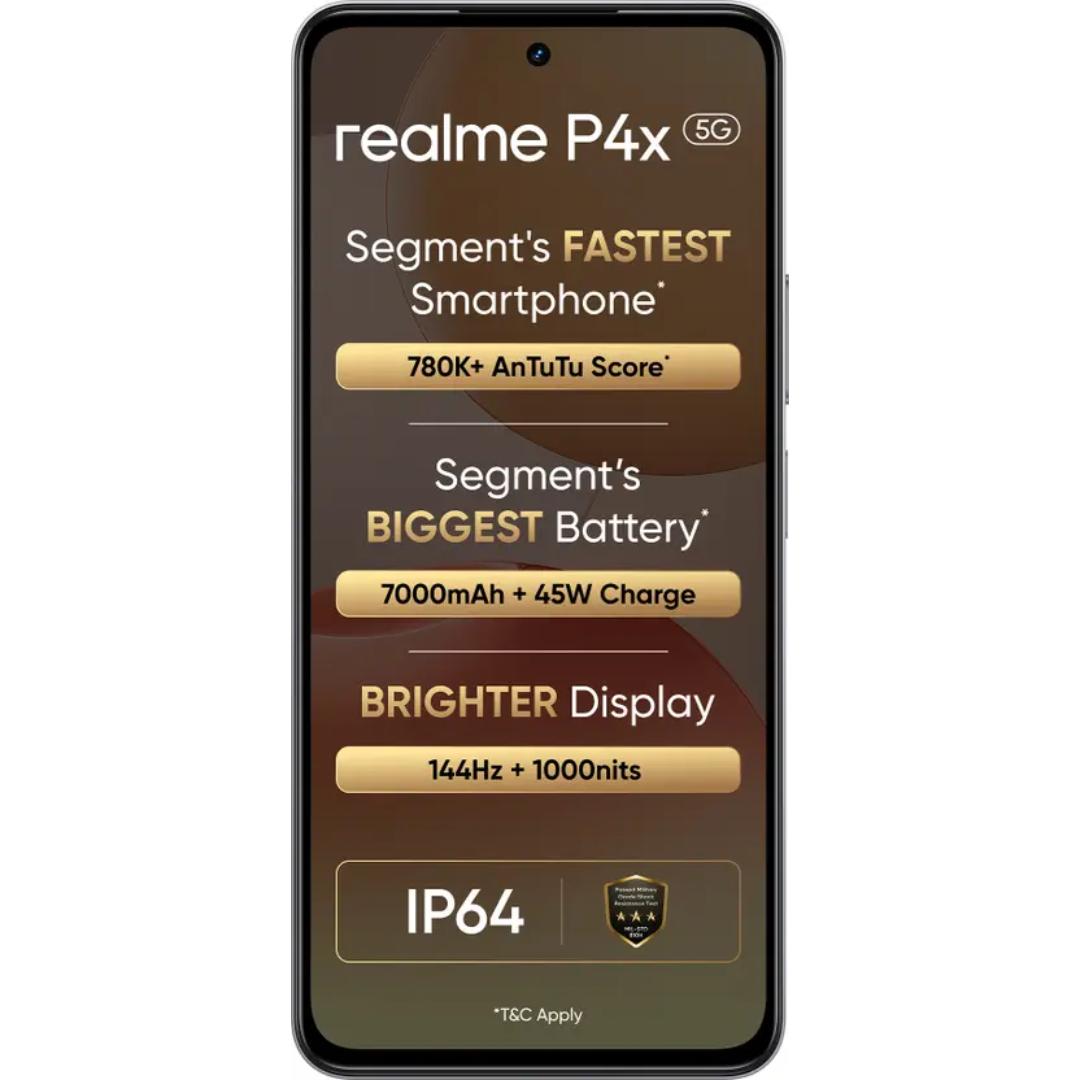 Realme P4x 5G 17.07 Centimeter (6.72) 50MP + 2MP Dual Rear Camera 8MP Front Camera 144Hz Full HD+ 1000nits Sunlight LCD Display Mediatek Dimensity 7400 Ultra 5G Octa Core Processor Smartphones Mobile