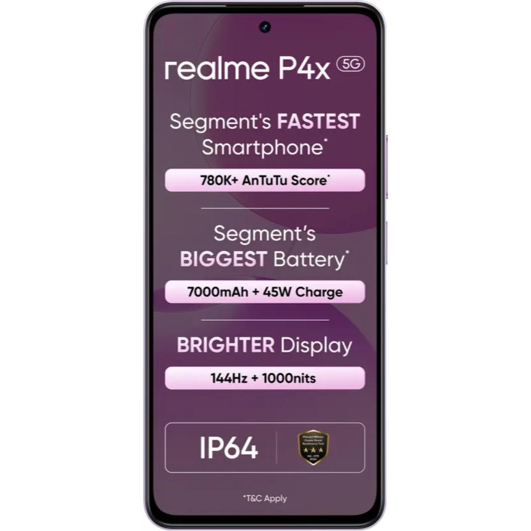 Realme P4x 5G 17.07 Centimeter (6.72) 50MP + 2MP Dual Rear Camera 8MP Front Camera 144Hz Full HD+ 1000nits Sunlight LCD Display Mediatek Dimensity 7400 Ultra 5G Octa Core Processor Smartphones Mobile