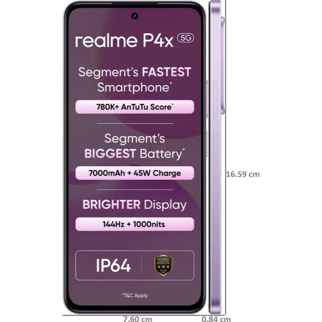 Realme P4x 5G 17.07 Centimeter (6.72) 50MP + 2MP Dual Rear Camera 8MP Front Camera 144Hz Full HD+ 1000nits Sunlight LCD Display Mediatek Dimensity 7400 Ultra 5G Octa Core Processor Smartphones Mobile