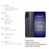 Samsung 17.13 Centimeter (6.74) Galaxy A07 4G HD+ 90 Hz PLS Display Dual Rear Camera 50 MP + 2 MP & 8 MP Front Camera 6 nm MediaTek Helio G99 Octa Core Processor Smartphones Mobile