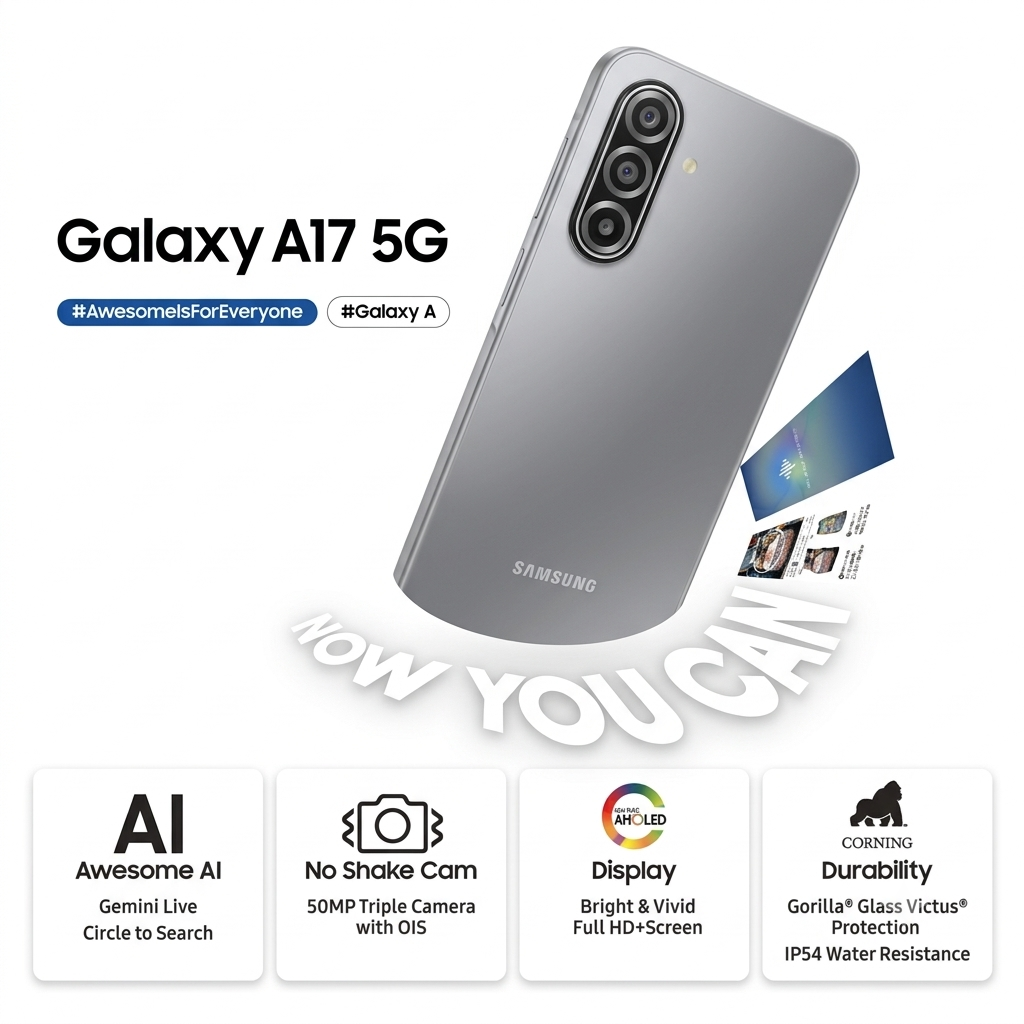 Samsung 17.02 Centimeter (6.7) Galaxy A17 5G Charger in the Box Full HD+ 90 Hz Super AMOLED Display Triple Rear Camera 50 MP + 5 MP + 2 MP & 13 MP Front Camera Samsung Exynos 1330 Octa Core Processor Smartphones Mobile