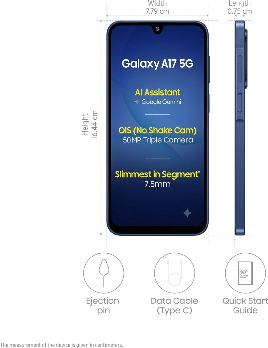 Samsung 17.02 Centimeter (6.7) Galaxy A17 5G Charger in the Box Full HD+ 90 Hz Super AMOLED Display Triple Rear Camera 50 MP + 5 MP + 2 MP & 13 MP Front Camera Samsung Exynos 1330 Octa Core Processor Smartphones Mobile