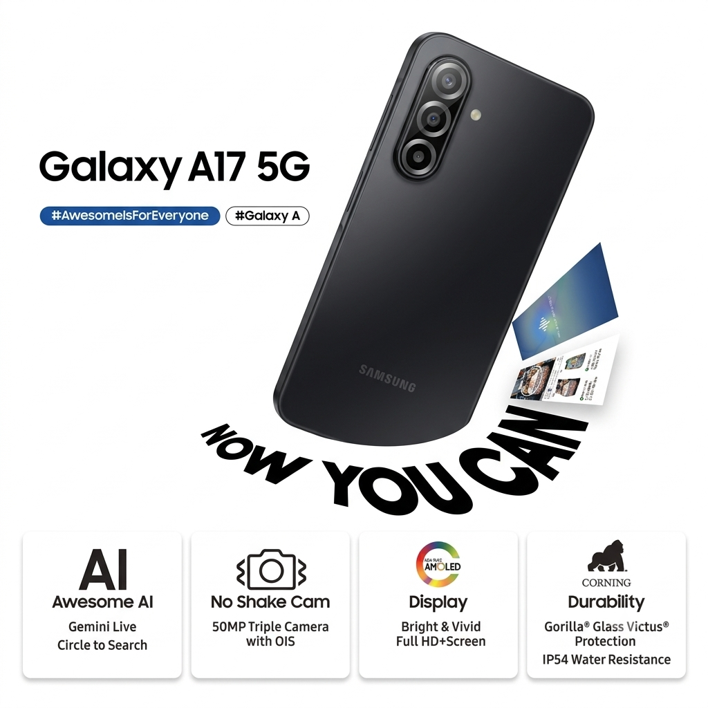 Samsung 17.02 Centimeter (6.7) Galaxy A17 5G Charger in the Box Full HD+ 90 Hz Super AMOLED Display Triple Rear Camera 50 MP + 5 MP + 2 MP & 13 MP Front Camera Samsung Exynos 1330 Octa Core Processor Smartphones Mobile