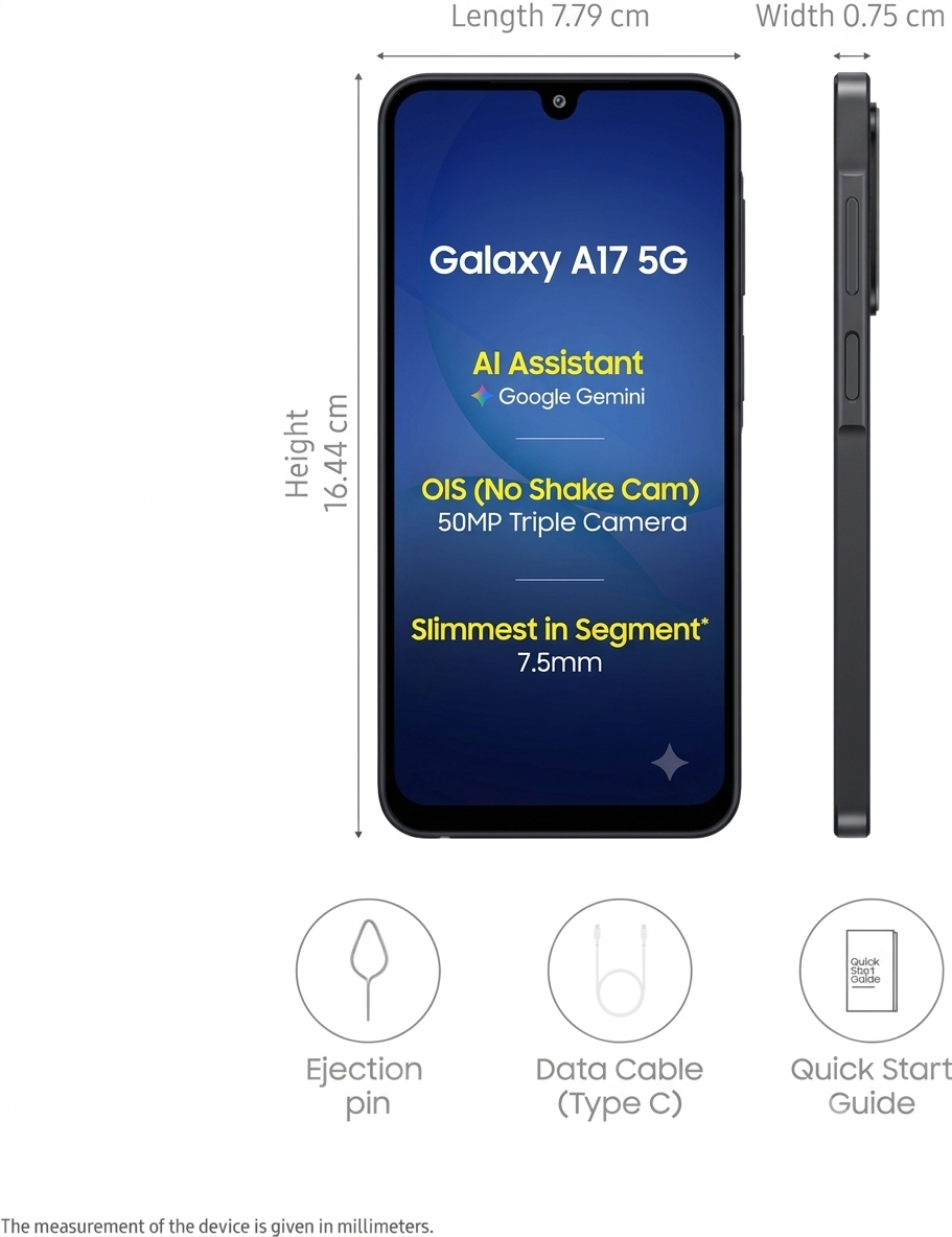 Samsung 17.02 Centimeter (6.7) Galaxy A17 5G Charger in the Box Full HD+ 90 Hz Super AMOLED Display Triple Rear Camera 50 MP + 5 MP + 2 MP & 13 MP Front Camera Samsung Exynos 1330 Octa Core Processor Smartphones Mobile