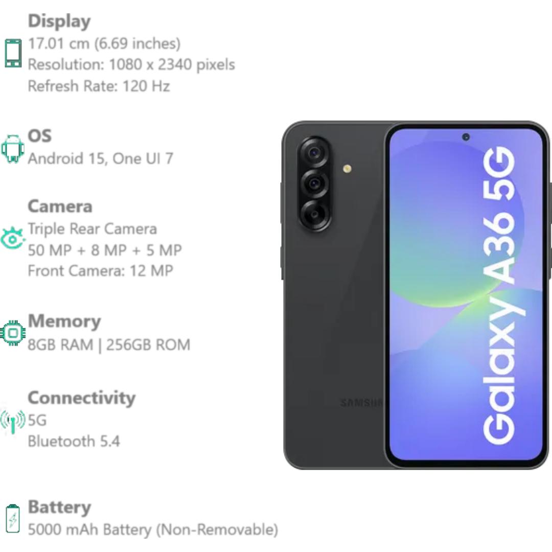 Samsung 17.02 Centimeter (6.7) Galaxy A36 5G Full HD+ 120 Hz Super AMOLED Display Triple Rear Camera 50 MP + 8 MP + 5 MP & 12 MP Front Camera Qualcomm Snapdragon 6s Gen 3, Octa Core Processor Smartphones Mobile