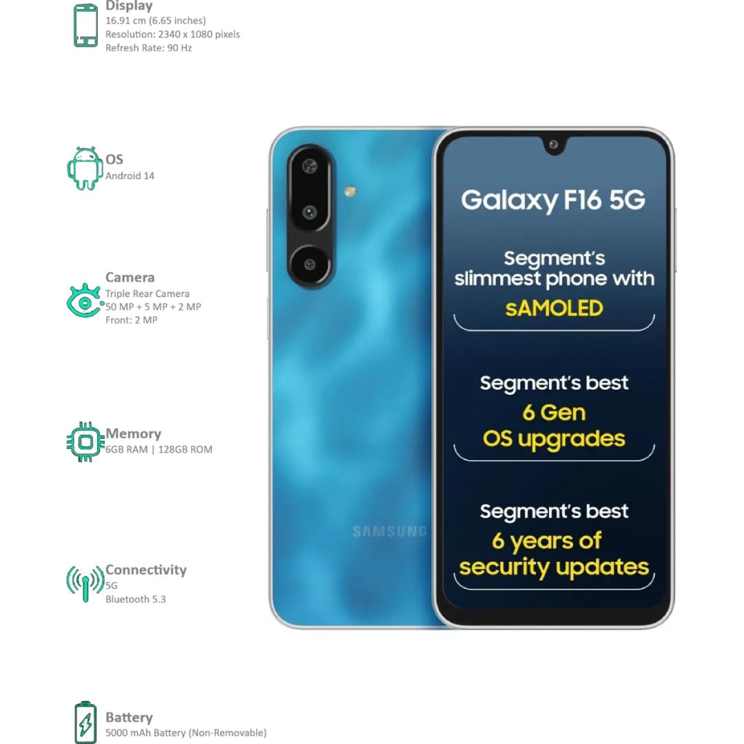 Samsung 16.91 Centimeter (6.66) Galaxy F16 5G Triple Rear Camera 50MP + 5MP + 2MP, 13MP Front Camera Full HD+ Super AMOLED Display MediaTek Dimensity 6300 Octa Core Processor Smartphones Mobile