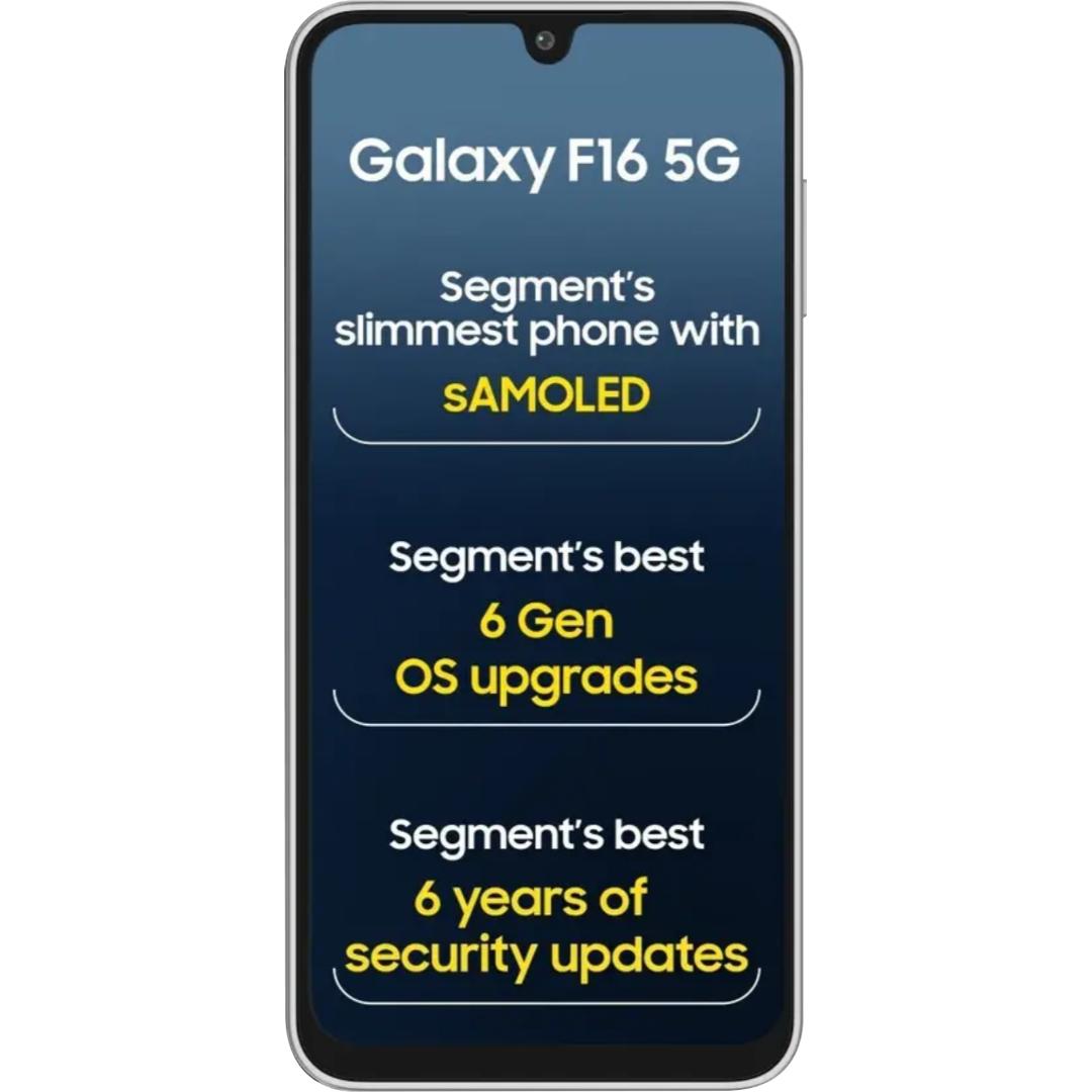 Samsung 16.91 Centimeter (6.66) Galaxy F16 5G Triple Rear Camera 50MP + 5MP + 2MP, 13MP Front Camera Full HD+ Super AMOLED Display MediaTek Dimensity 6300 Octa Core Processor Smartphones Mobile