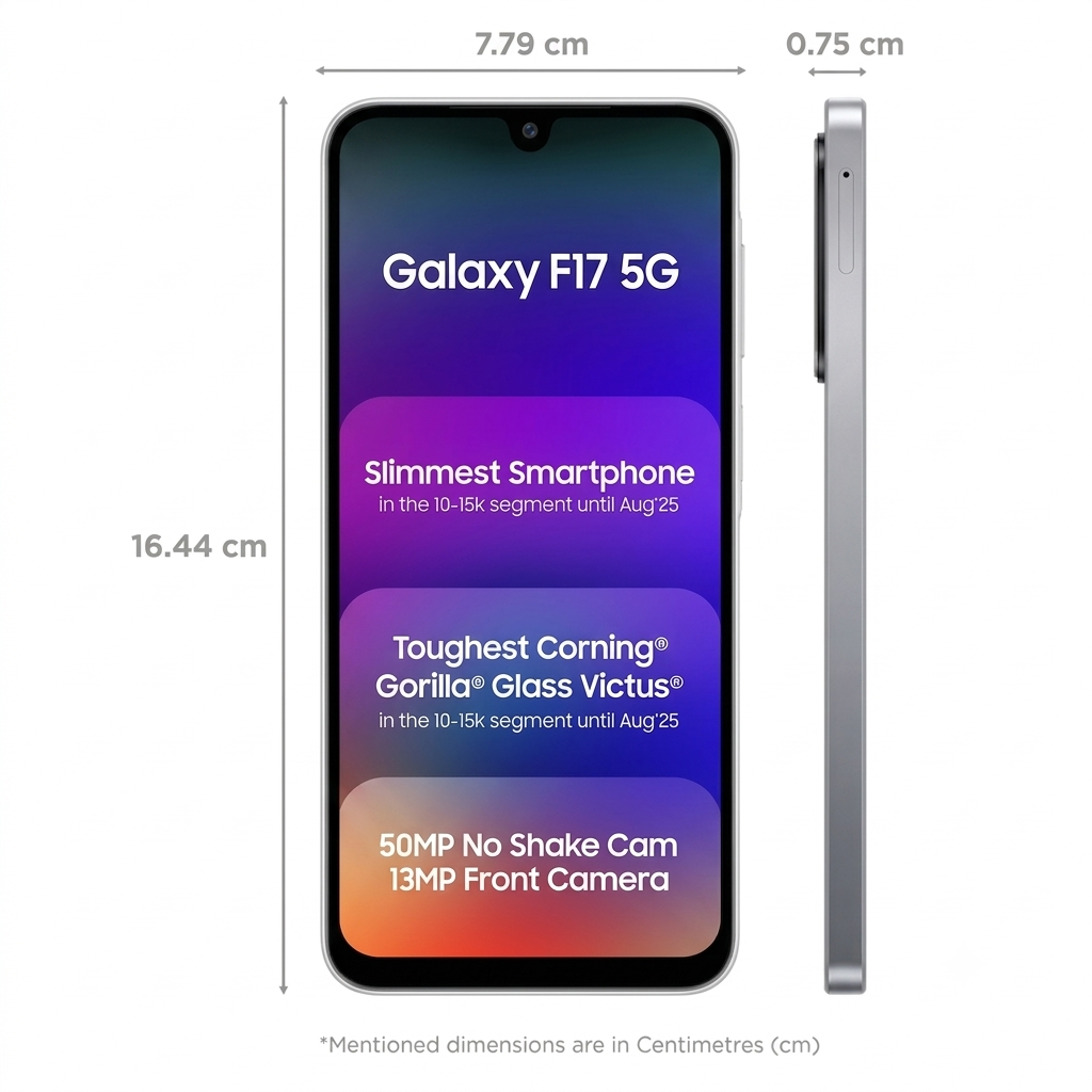 Samsung 16.91 Centimeter (6.66) Galaxy F17 5G Triple Rear Camera 50MP + 5MP + 2MP, 13MP Front Camera Full HD+ Super AMOLED Display Samsung Exynos 1330 Octa Core Processor Smartphones Mobile