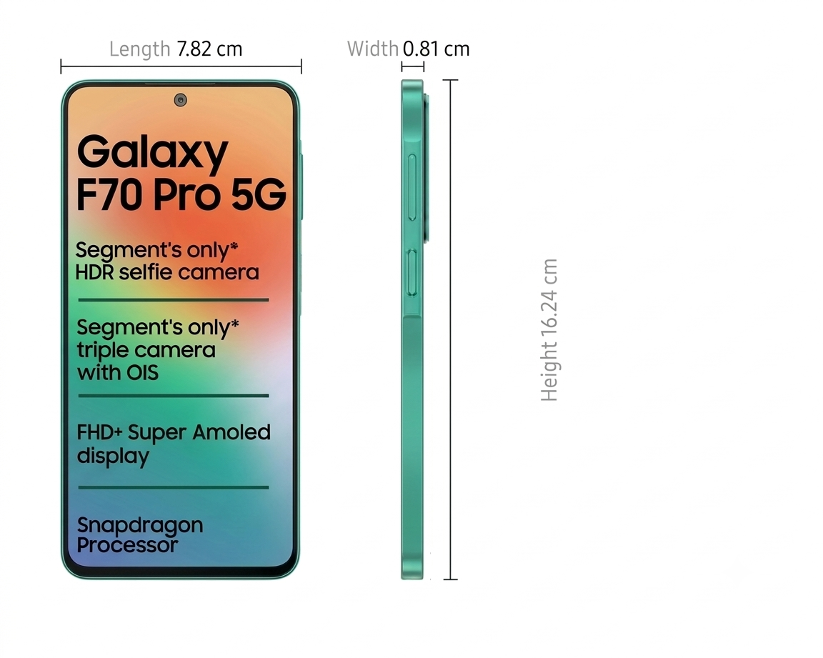Samsung 17.02 Centimeter (6.70) Galaxy F70 Pro 5G Triple Rear Camera 50MP + 5MP + 2MP, 12MP Front Camera Full HD+ Super AMOLED Display Qualcomm® Snapdragon® 6 Gen 3 Octa Core Processor Smartphones Mobile