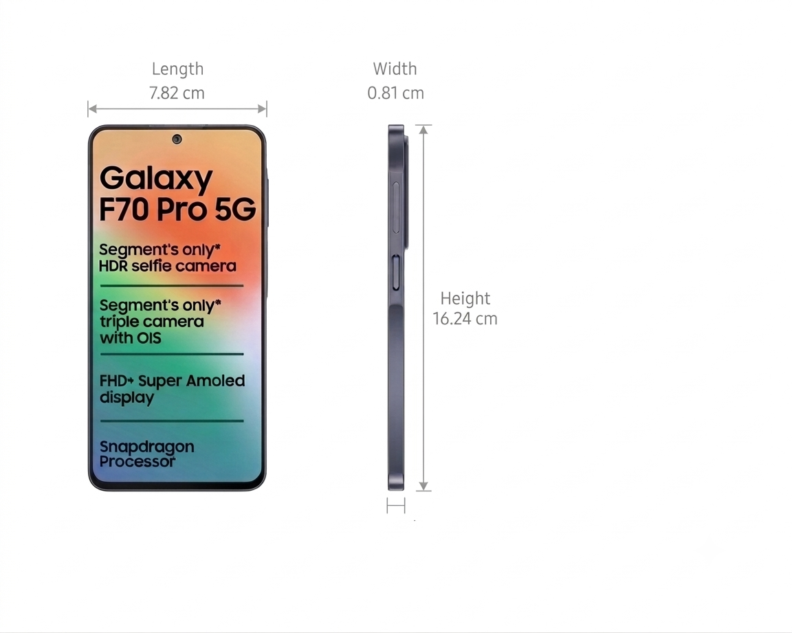 Samsung 17.02 Centimeter (6.70) Galaxy F70 Pro 5G Triple Rear Camera 50MP + 5MP + 2MP, 12MP Front Camera Full HD+ Super AMOLED Display Qualcomm® Snapdragon® 6 Gen 3 Octa Core Processor Smartphones Mobile