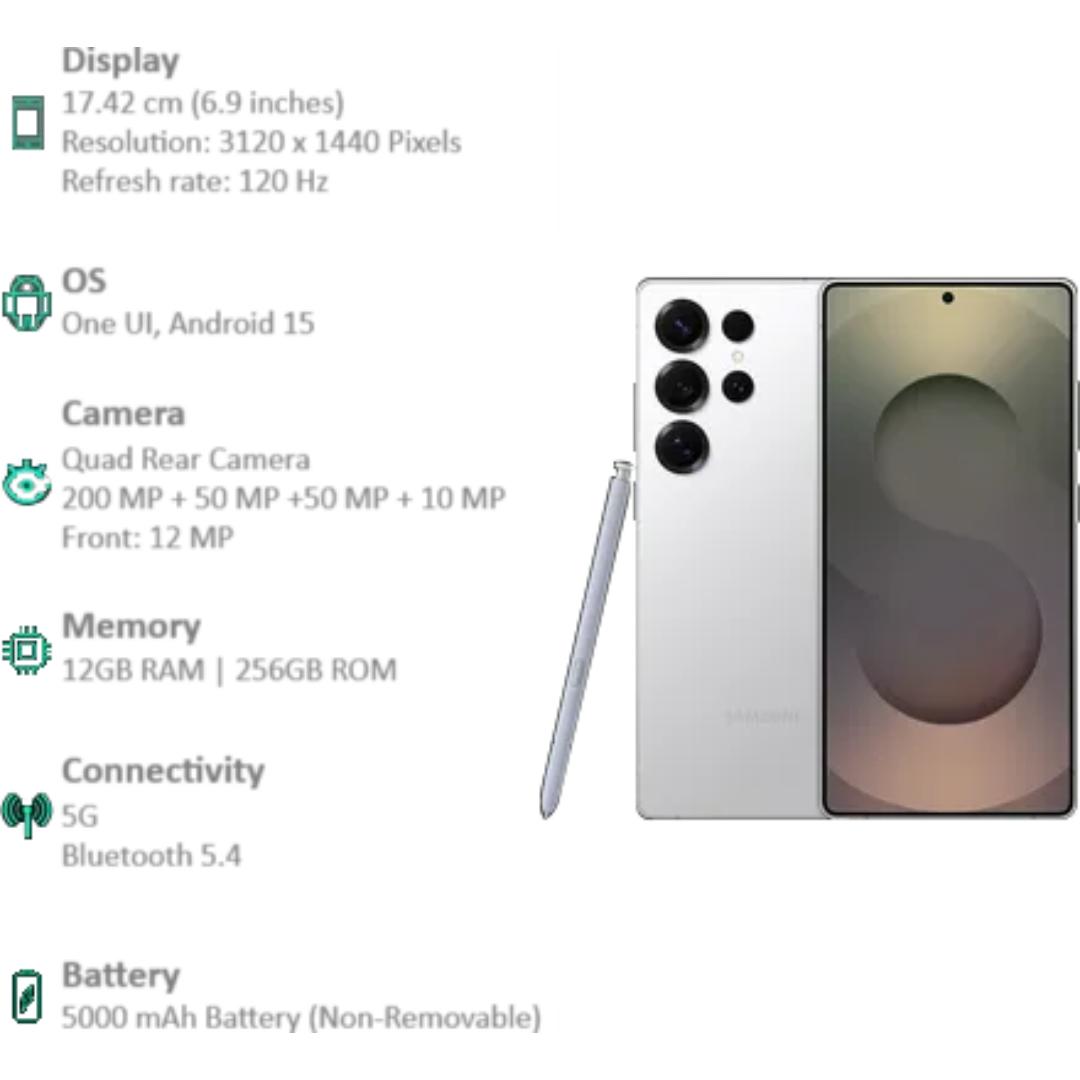 Samsung 17.53 Centimeter (6.9) Galaxy S25 Ultra 5G Quad Rear Camera 200 MP + 50 MP + 50 MP + 10 MP, 12MP Front Camera Quad HD+ Dynamic AMOLED 2X Display Qualcomm Snapdragon 8 Elite Octa Core Processor Smartphones Mobile