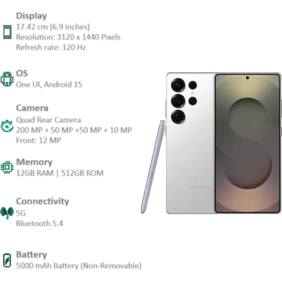 Samsung 17.53 Centimeter (6.9) Galaxy S25 Ultra 5G Quad Rear Camera 200 MP + 50 MP + 50 MP + 10 MP, 12MP Front Camera Quad HD+ Dynamic AMOLED 2X Display Qualcomm Snapdragon 8 Elite Octa Core Processor Smartphones Mobile