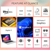 Acer Aspire 3 Thin and Light Laptop - AMD Ryzen 3 5400U | 15.6-inch (39.62 cm) UN.34QSI.014/A325/R3/8+512G/W11H/NB FHD IPS Display (8GB/512GB SSD/Win 11/Steel Gray/UN.34QSI.014)