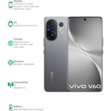 Vivo V60 5G 17.20 Centimeter (6.77) Triple Rear Camera 50 MP ZEISS OIS Main Camera + 50 MP Camera 8 MP Ultra Wide-Angle & 50 MP ZEISS Front Camera 120Hz FHD+ AMOLED Display Qualcomm Snapdragon® 7 Gen 4 Octa Core Processor Smartphones Mobile