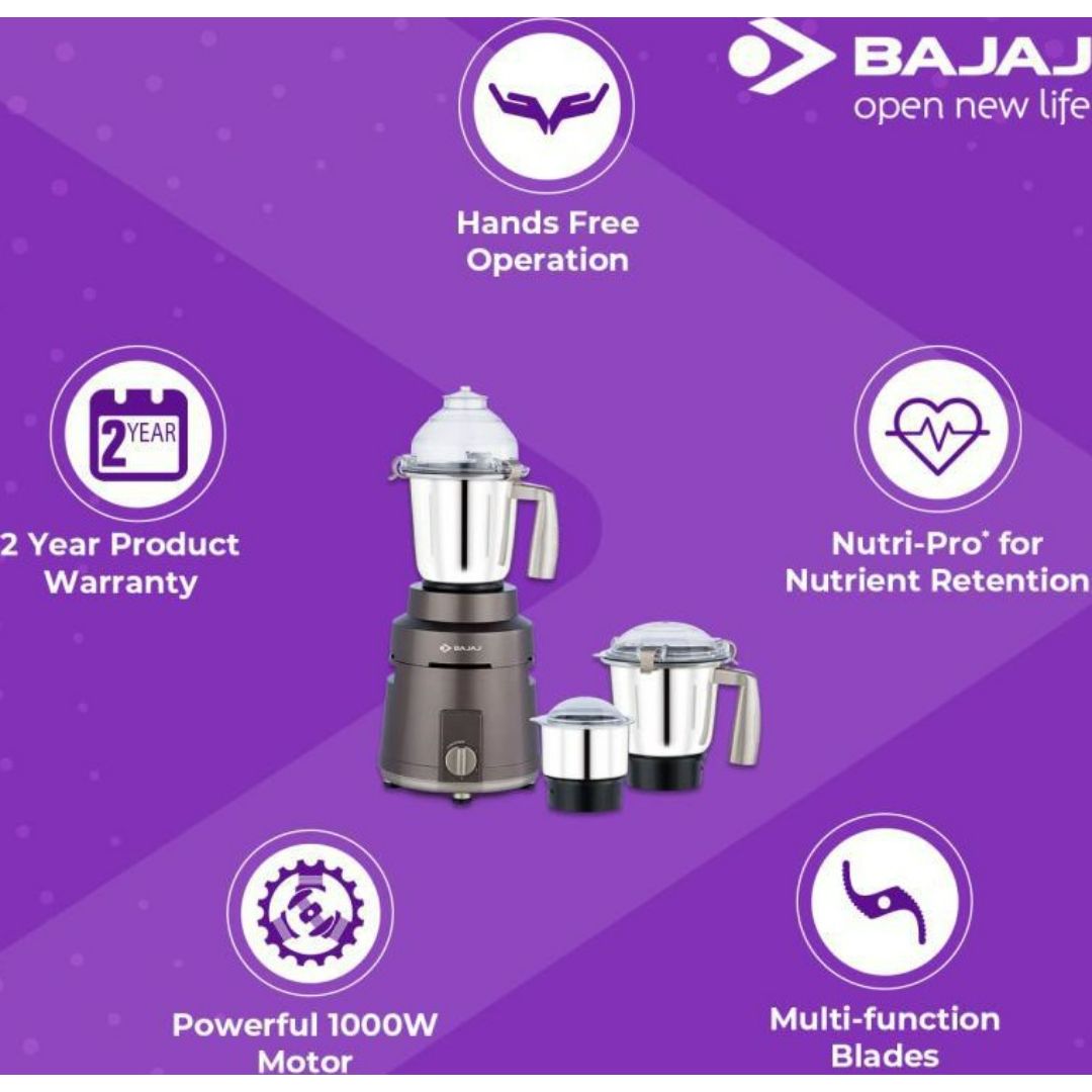 Bajaj 3 Jars Herculo (410540) 1000W Powerful with Nutri-Pro Feature Mixer Grinder (Coffee Brown)