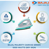 Bajaj 1000 W (440305) Majesty Canvas American Heritage Non-Stick Coated Soleplate Dry Iron (Green)