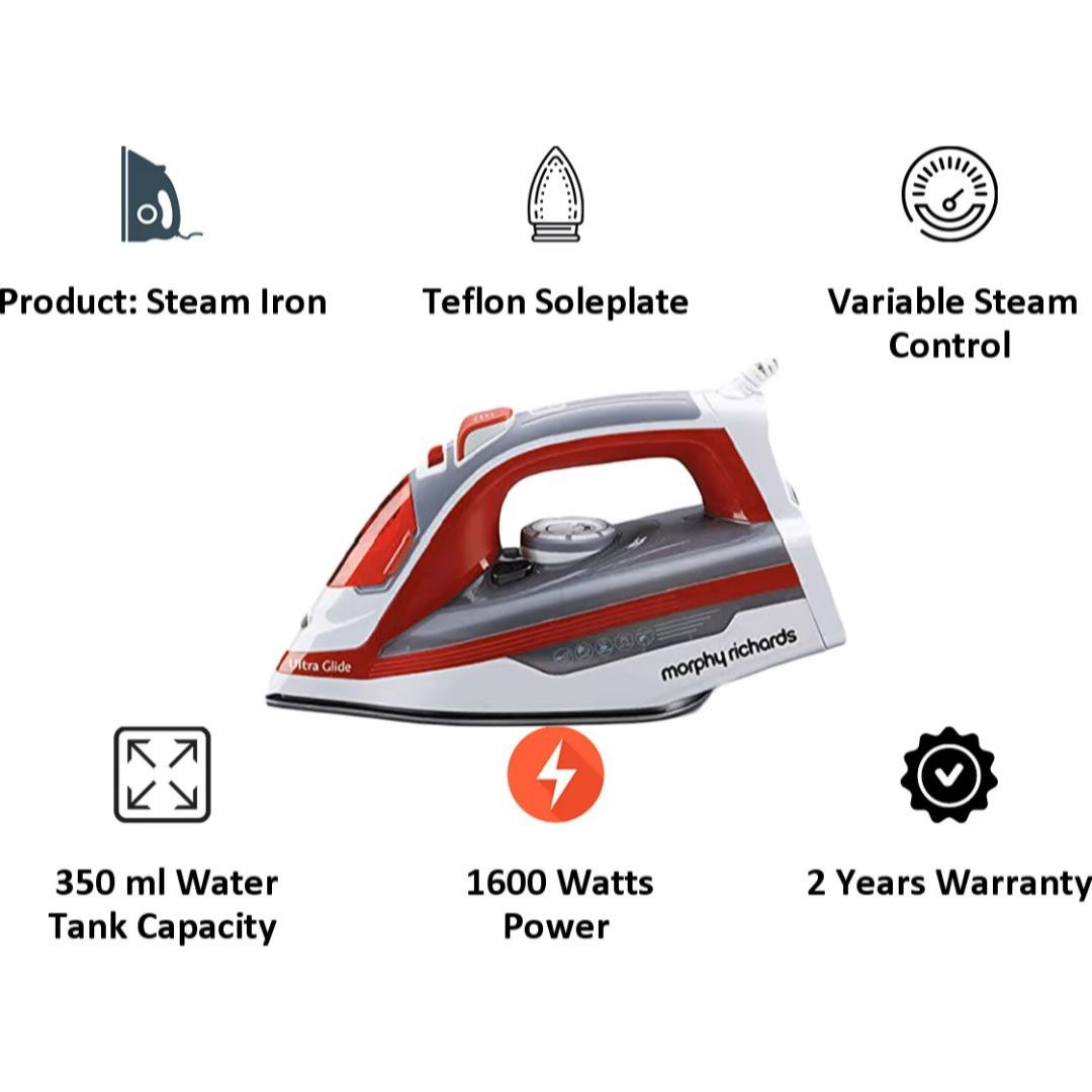 Morphy Richards 1600 W Ultra Glide (500071) 350 ML Steam Burst with Teflon Coated Soleplate,  Steam Iron (Red & White)