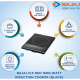 Bajaj MAJESTY ICX NEO 1600 W (740057) Pan sensor and Voltage Pro Technology, Push Button Automatic Induction Cooktop (Black)