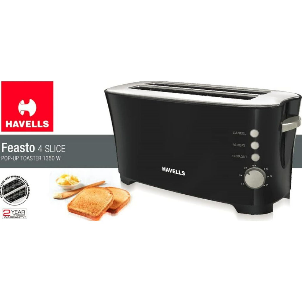 Havells 1350 W GHCPTCAK135 Feasto 4 Slice Pop Up Toaster (Black ...