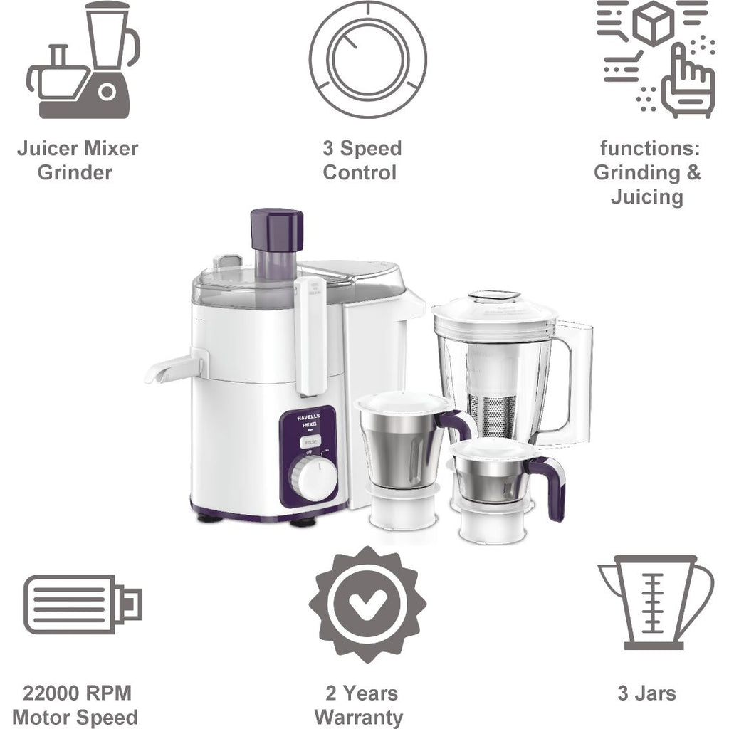 Havells 3 Jars GHFJMDIV100 Hexo 1000 W ACS Technology Juicer Mixer Gri