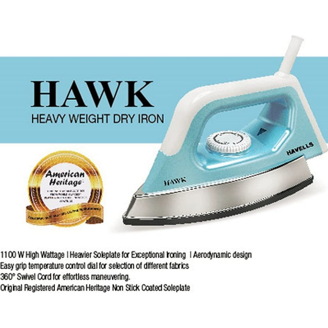 Havells 1100 W GHGDIBZB110 Hawk Non Stick Coated Sole Plate Aerodynamic Design Heavy Weight Dry Iron (Blue)
