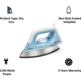 Havells 1100 W GHGDIBZB110 Hawk Non Stick Coated Sole Plate Aerodynamic Design Heavy Weight Dry Iron (Blue)