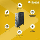 BAJAJ 2000 W (260082) Majesty RH 9F Plus OFR 9 Fin Oil Filled Room Heater (Black/Golden, ISI Approved)