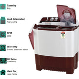 LG 8.0 kg P8035SRAZ.ABGQEIL 5 Star With Rat Away Technology Semi Automatic Top Loading Washing Machine (Burgundy)