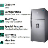 Samsung 523.0 L RT54B6558SL/TL 2 Star 5-in-1 Convertible with Water Dispenser Frost Free Double Door Refrigerator (Real Stainless)