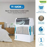 Symphony 55.0 L Touch 55 with 4-Side Aspen Pads, Powerful Double Blowers and Closable Louvers Room Air Cooler (White)