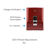 LG 8.0 L WW130NP.CWRQEIL True RO Filtration Dual Protection Stainless Steel Tank With Wall Mount RO Water Purifier (Red)